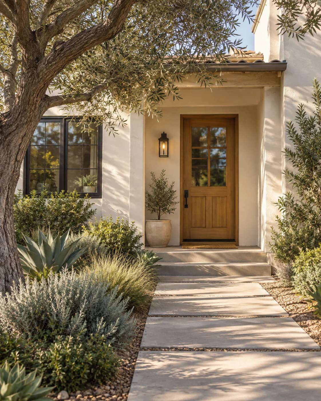 Sunlit home entrance with a wood door and leafy garden planting