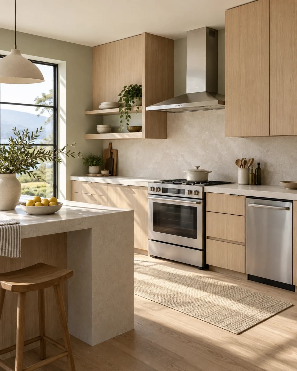 Stainless steel range and dishwasher in a sunlit kitchen with wood cabinets