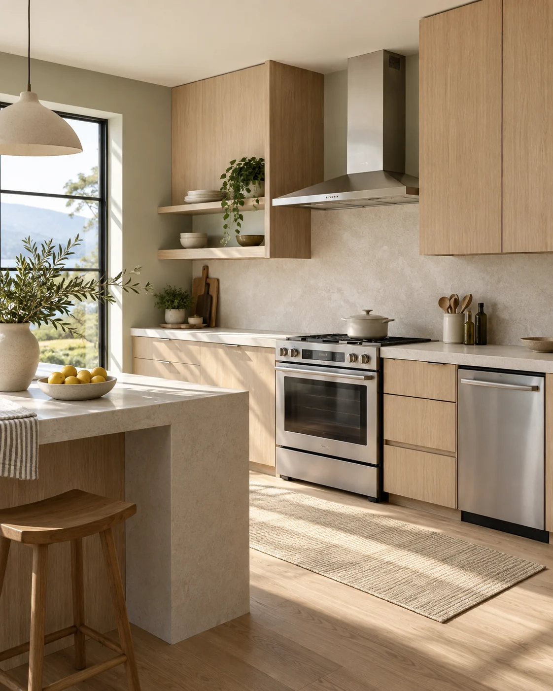 Stainless steel range and dishwasher in a sunlit kitchen with wood cabinets