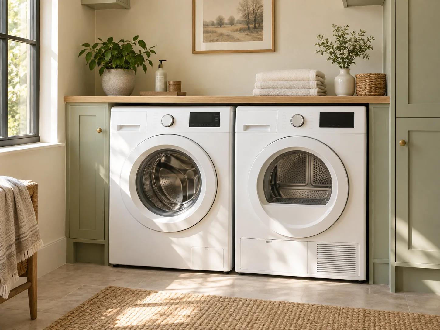 Front-loading washer and dryer beneath a wood counter in a sunlit laundry room