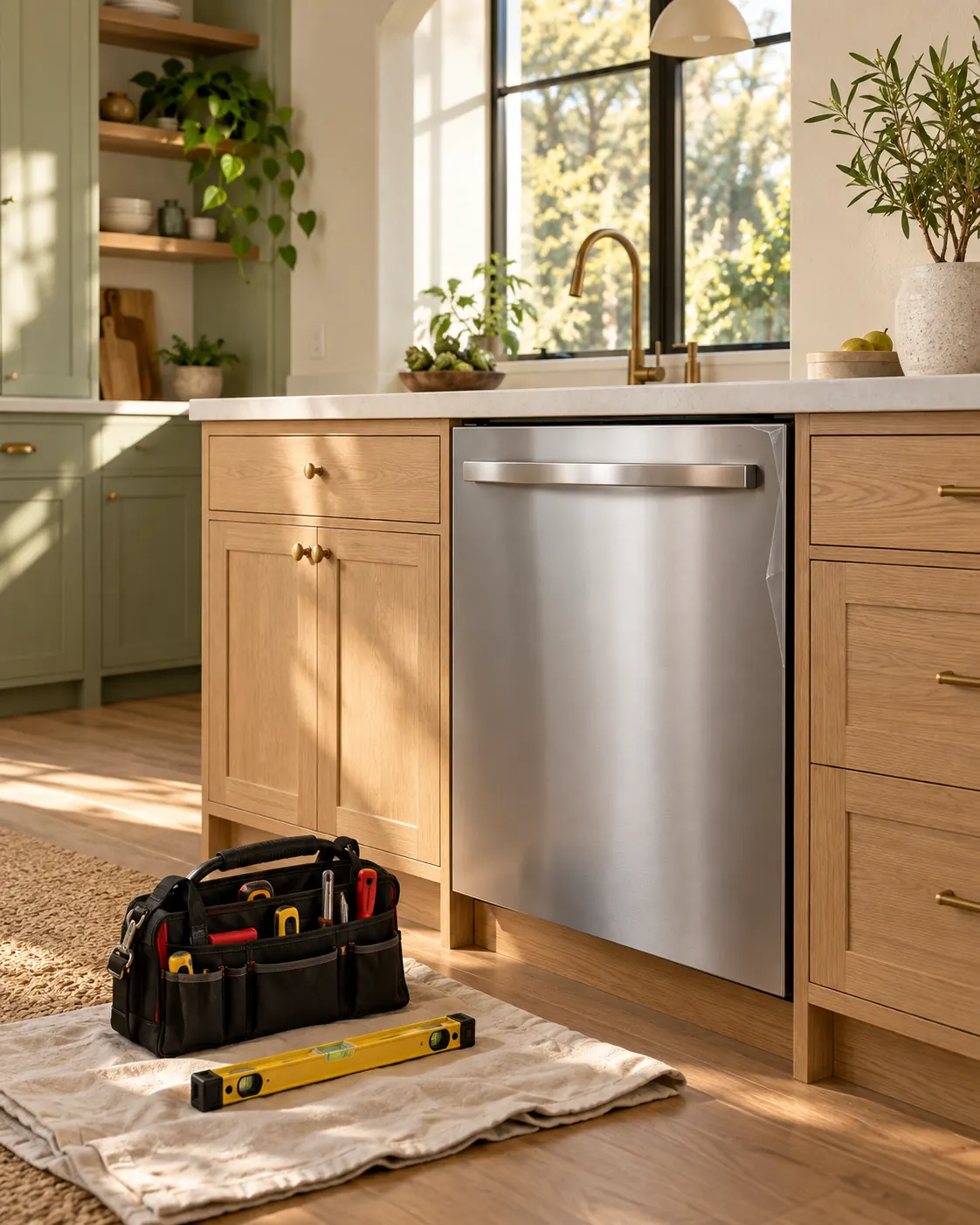 New stainless dishwasher being fitted into oak kitchen cabinets
